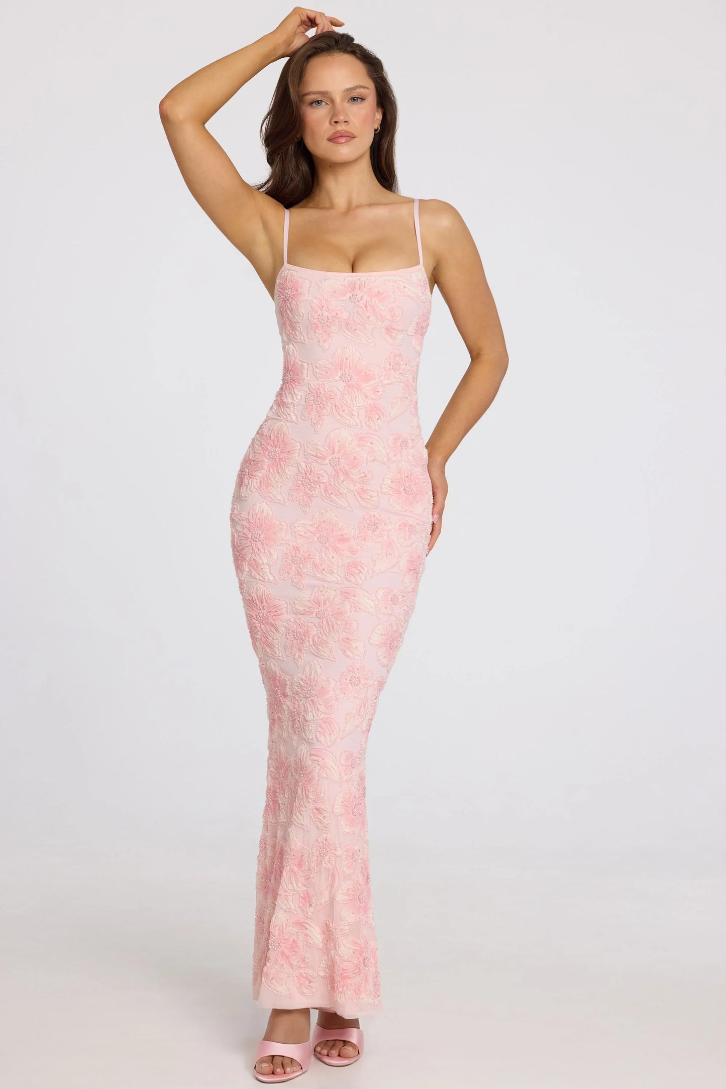 Embellished Square-Neck Maxi Dress in Soft Pink Ombre
