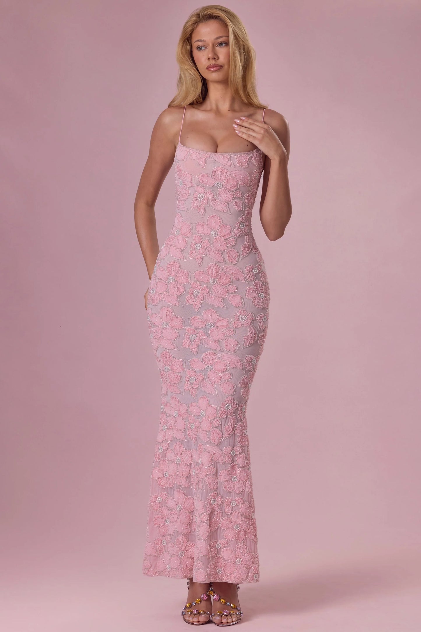 Embellished Square Neck Maxi Dress in Blush