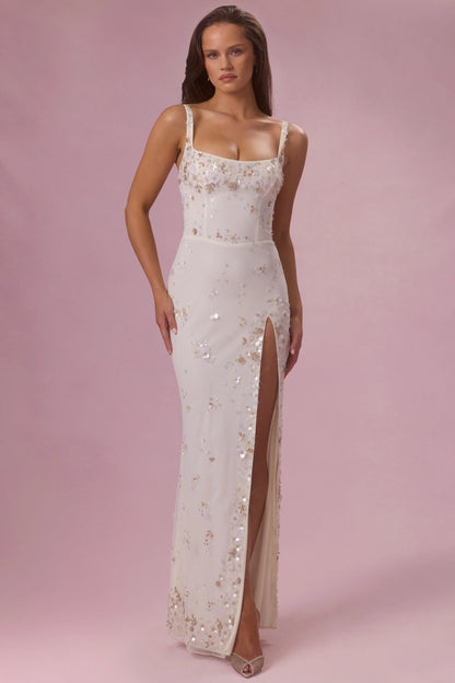 Embellished Corset Maxi Dress in Pearl