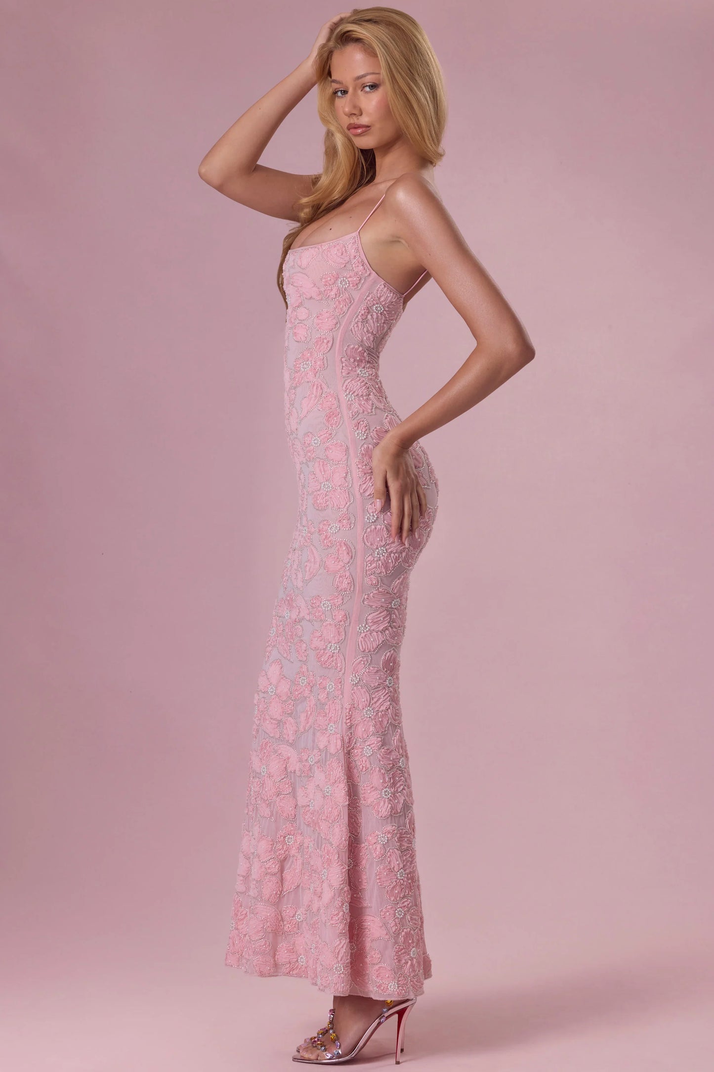 Embellished Square Neck Maxi Dress in Blush