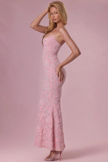 Embellished Square Neck Maxi Dress in Blush