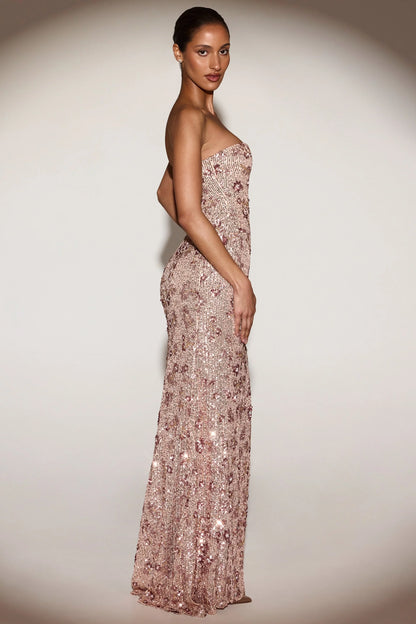 Embellished Bandeau-Neck Strapless Gown in Rose Gold