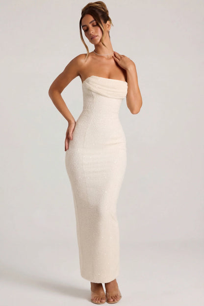 Embellished Bandeau Cowl Neck Maxi Dress in Snow