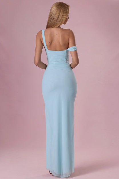 Mesh Draped Corset Gown in Light Blue