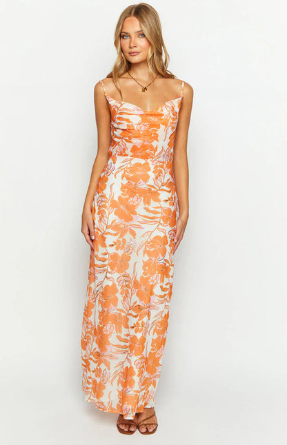 Cambri Orange Floral Chiffon Maxi Dress