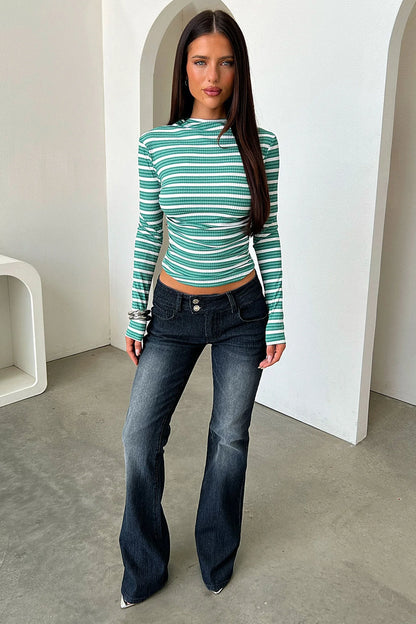Liroa High Neck Long Sleeve Top - Green & White Stripe