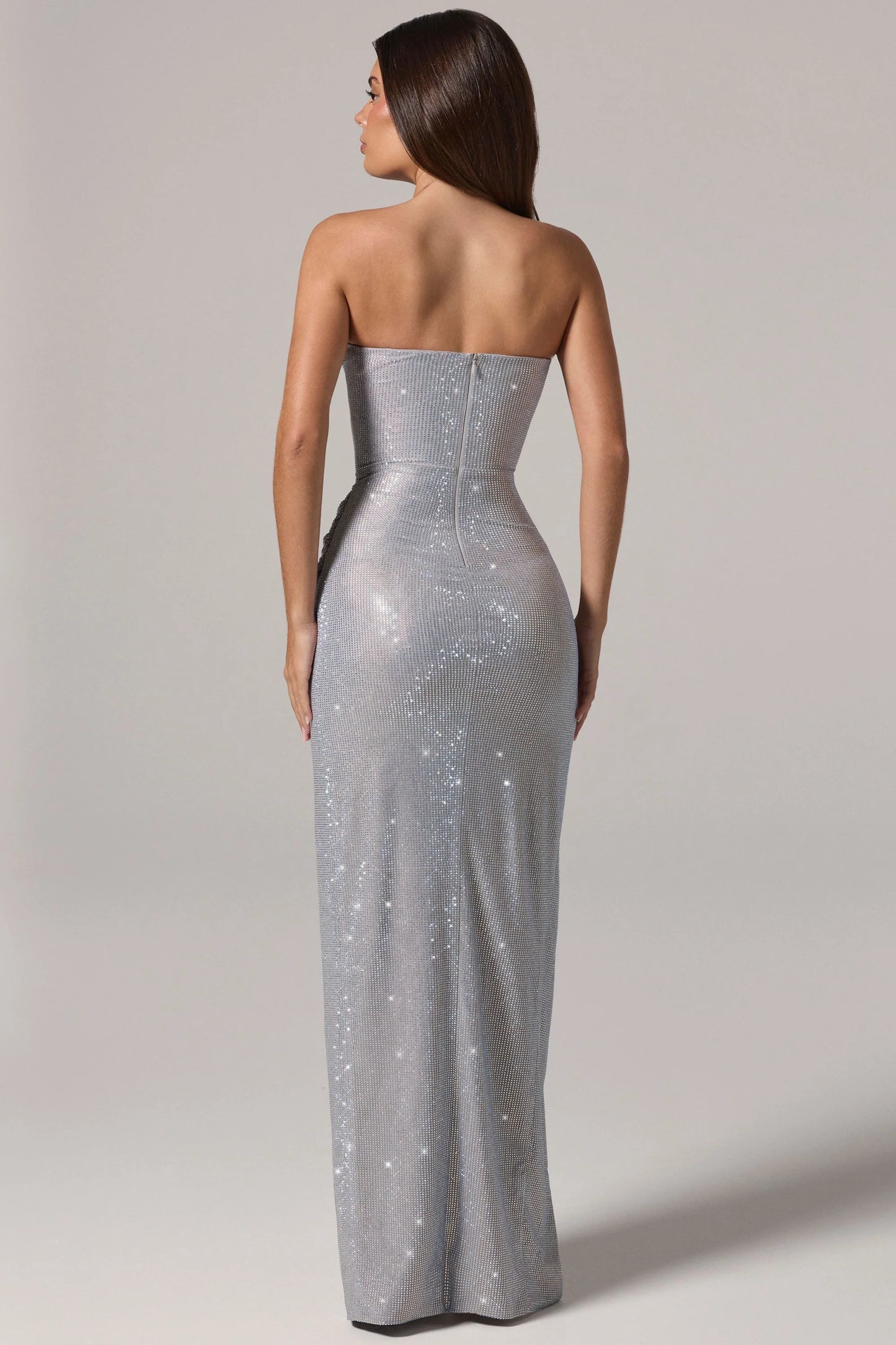 Embellished Bandeau Cowl-Waist Maxi Dress in Frost