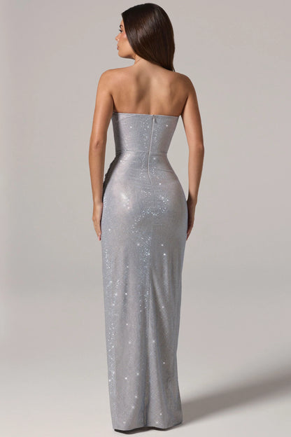 Embellished Bandeau Cowl-Waist Maxi Dress in Frost