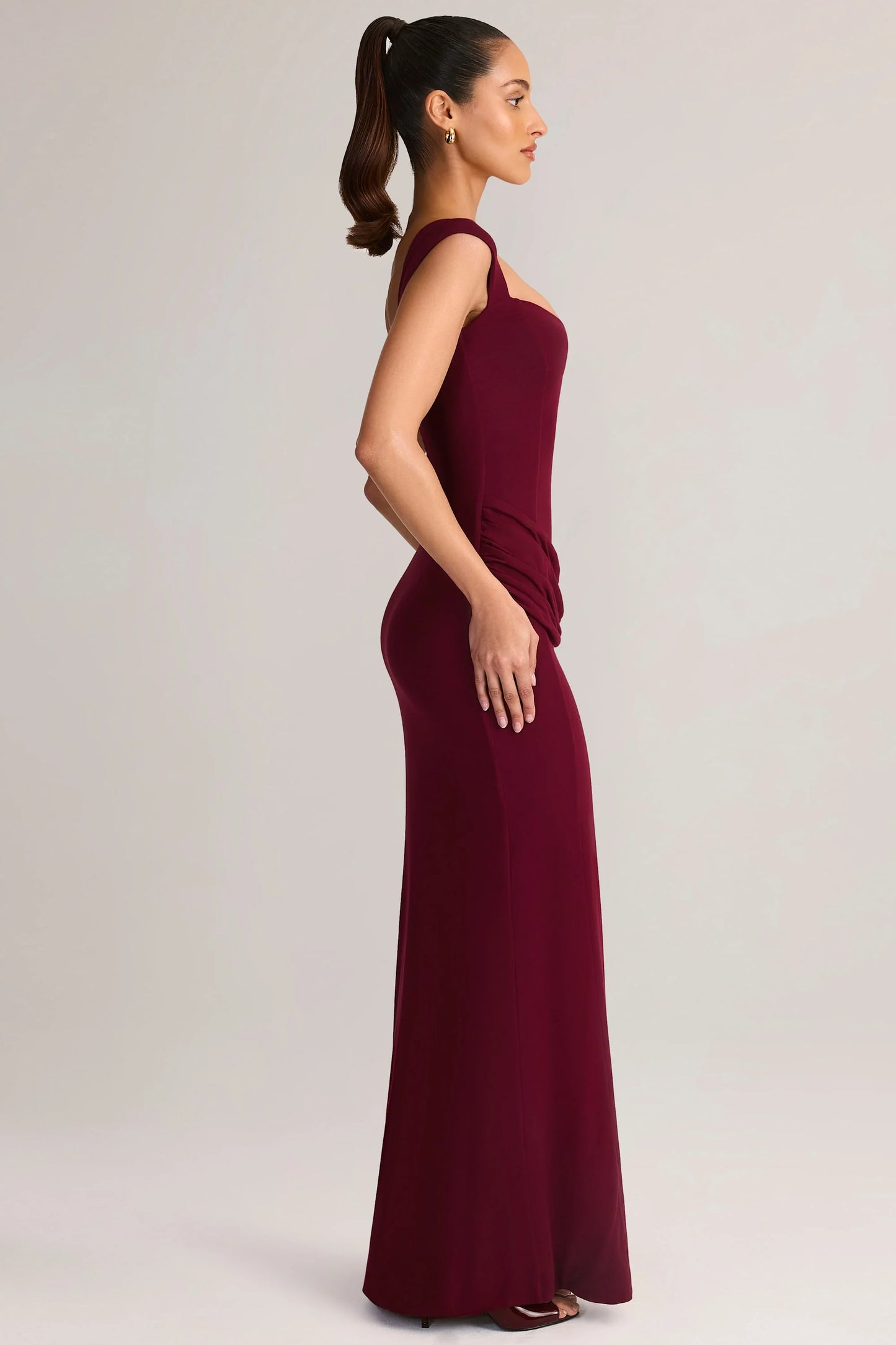 Modal Sweetheart-Neck Cowl-Waist Maxi Dress in Wine