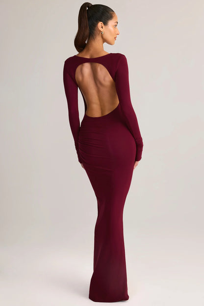 Modal Ruched Backless Maxi Dress in Wine