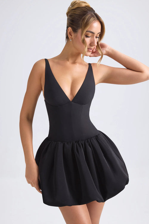 Lace-Up Bubble Hem Corset Micro Mini Dress in Black