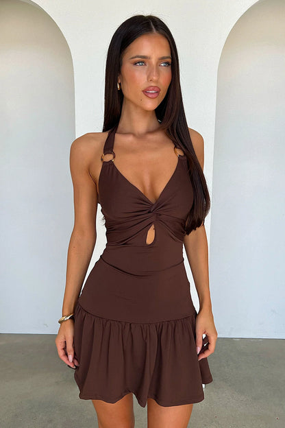 Briony Halter Neck Mini Dress - Brown