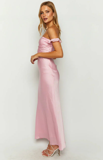 Elvira Pink Satin Formal Maxi Dress