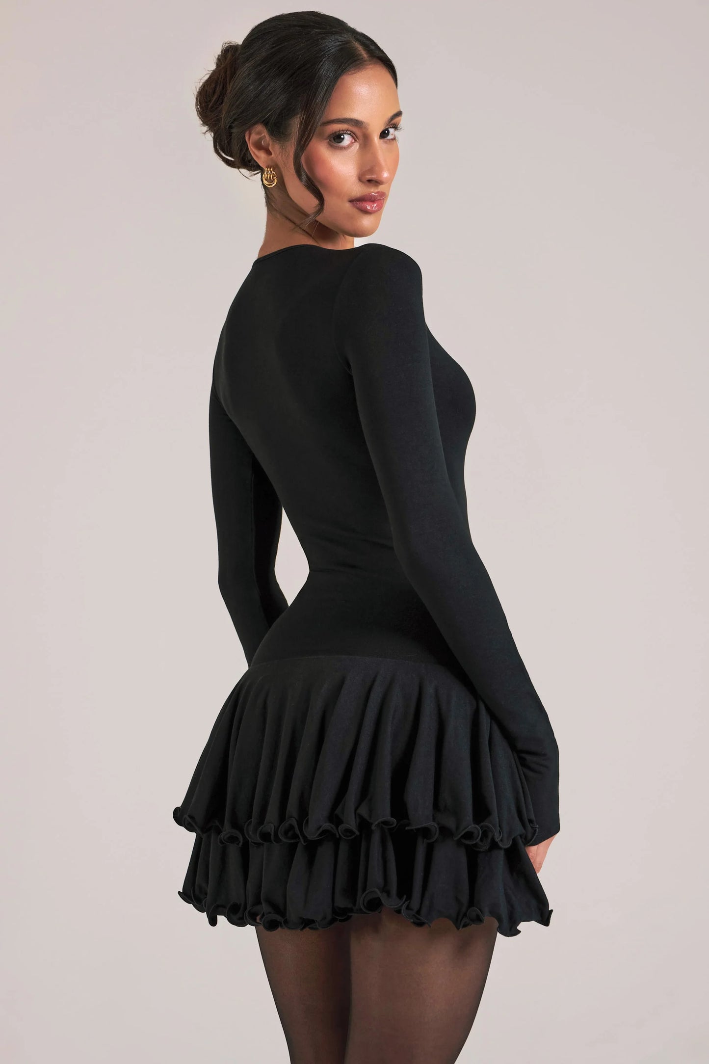 V-Neck Ruffle Skirt Mini Dress in Black