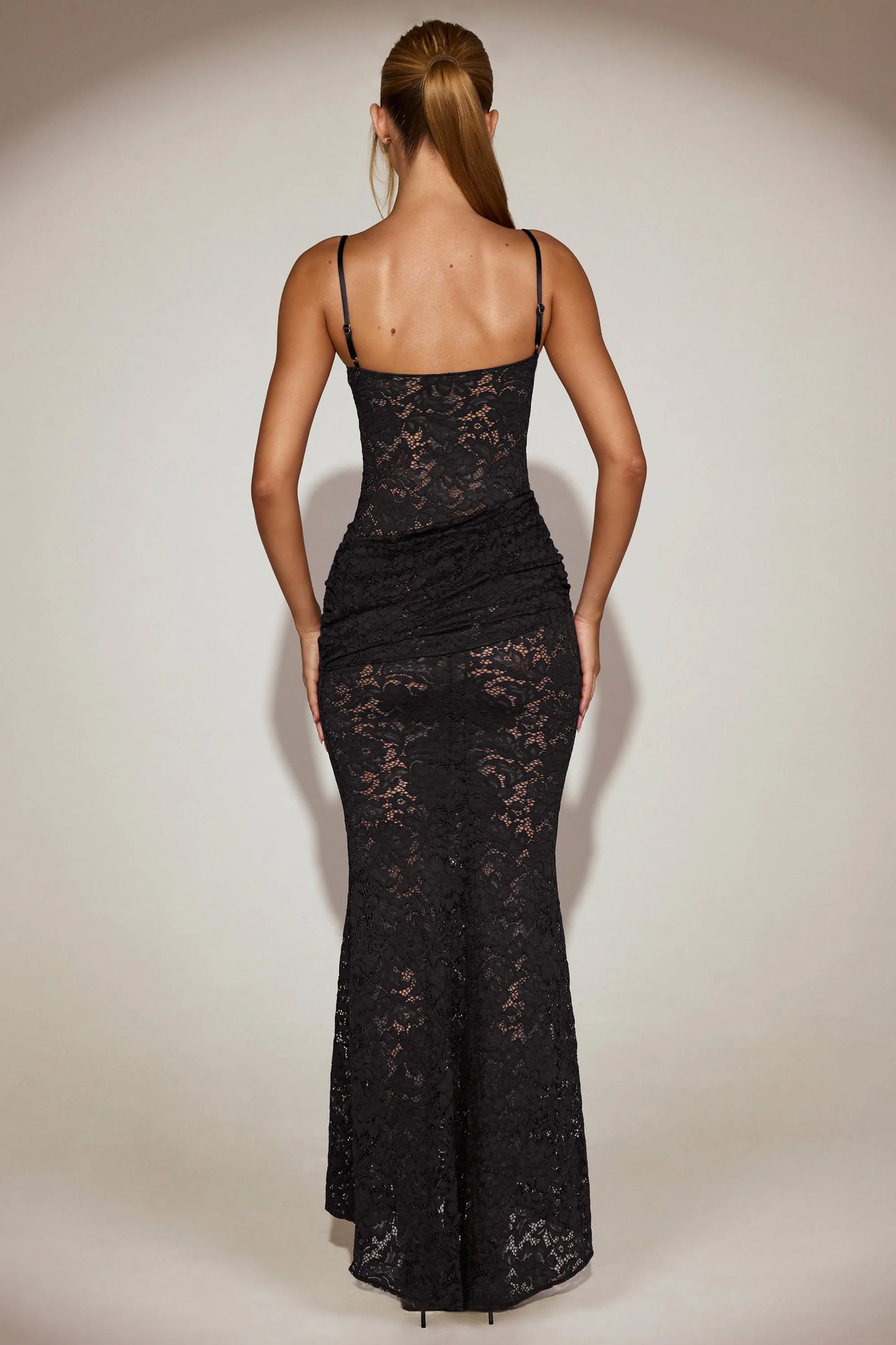 Sheer Lace Square-Neck Ruched Gown in Black