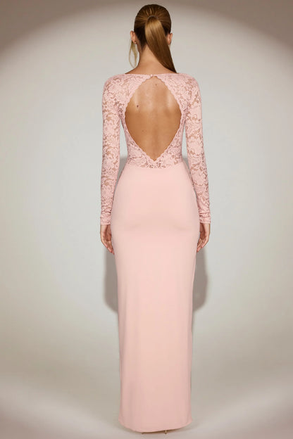 Lace Scalloped Plunge-Neck Maxi Dress in Pink