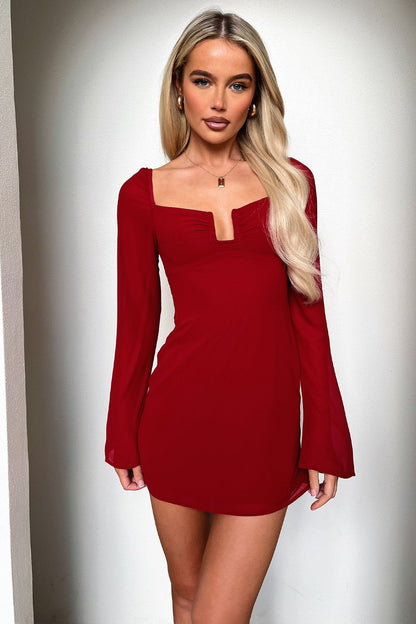 Charisma Long Sleeve Mini Dress - Red