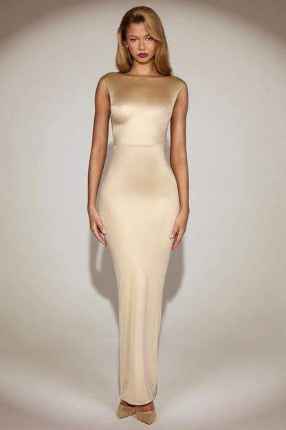 Satin Boat-Neck Twist-Back Maxi Dress in Champagne