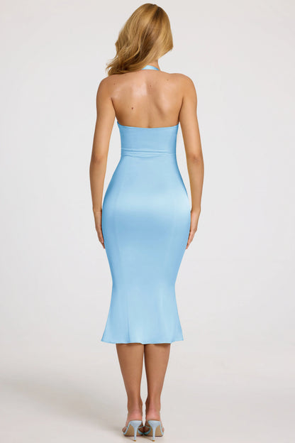 Satin Sweetheart Bustier Fishtail Midaxi Dress in Powder Blue