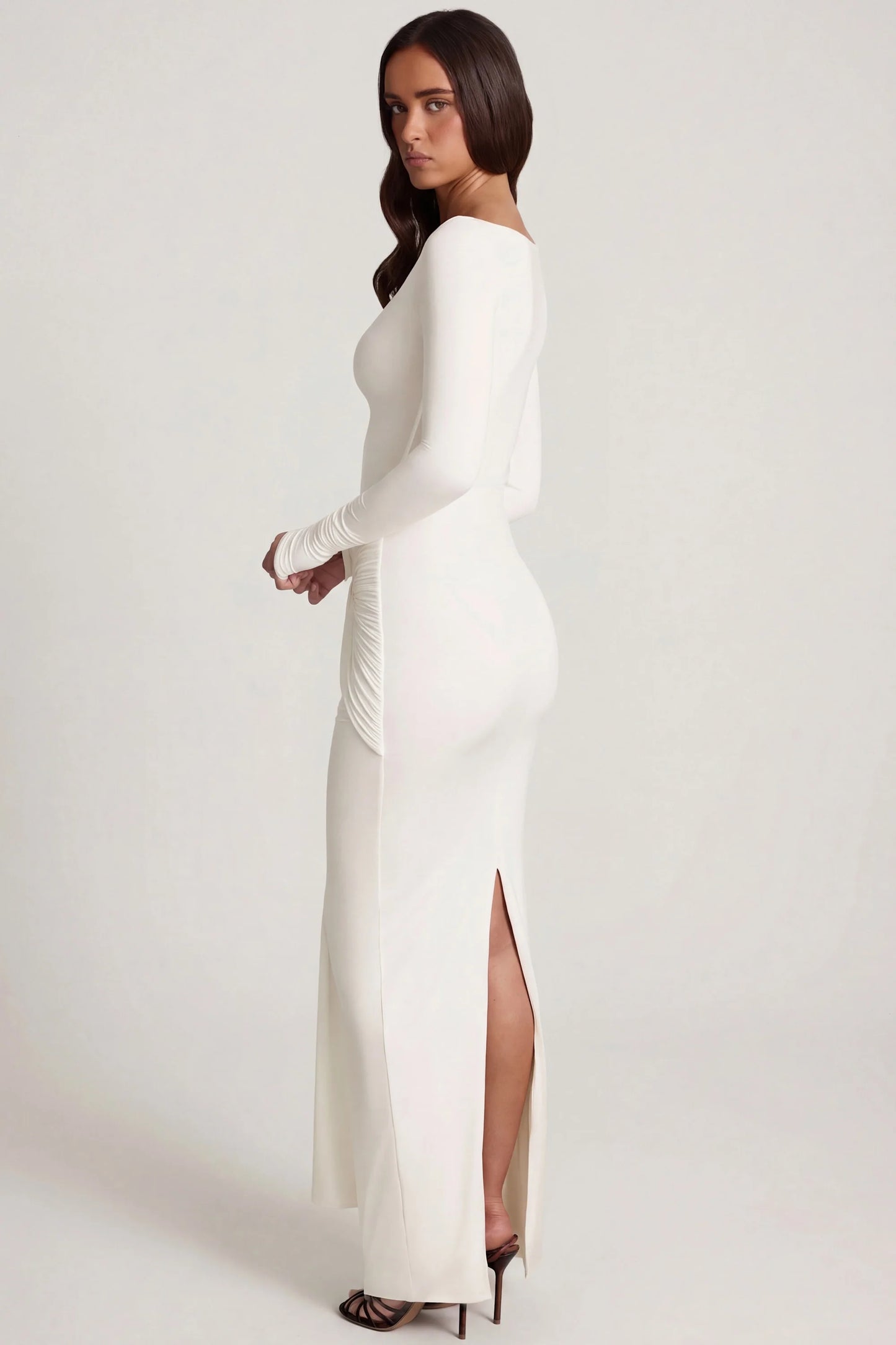 Soft Jersey Boat-Neck Tie-Gather Maxi Dress in White