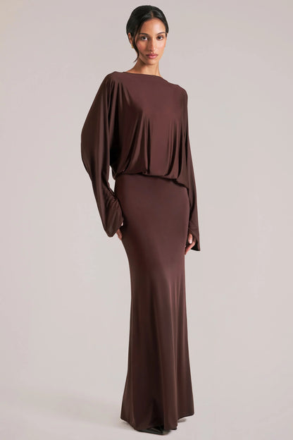 Long-Sleeve Draped Maxi Dress in Chocolate Brown