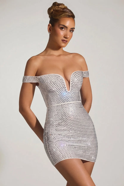 Embellished Off-Shoulder Mini Dress in White