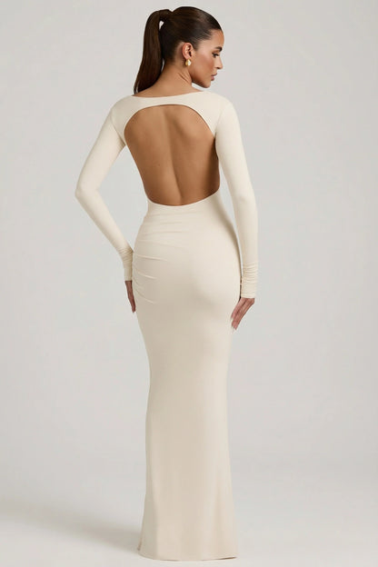 Modal Ruched Backless Maxi Dress in Ivory
