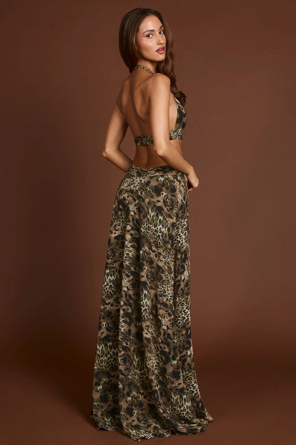 Plunge Cut-out Maxi Gown in Leopard Print