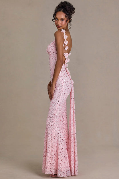 Embellished Open-Back Maxi Dress in Baby Pink