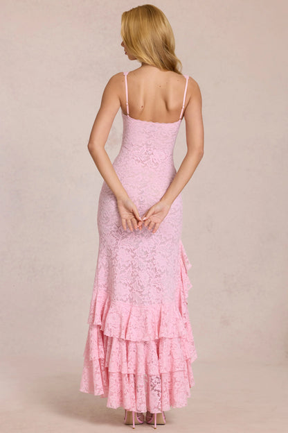Lace Ruffle Maxi Dress in Blossom Pink