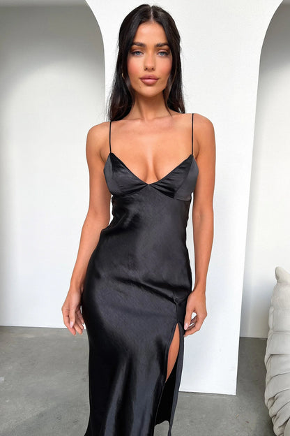 Jennifer Satin Midi Dress - Black