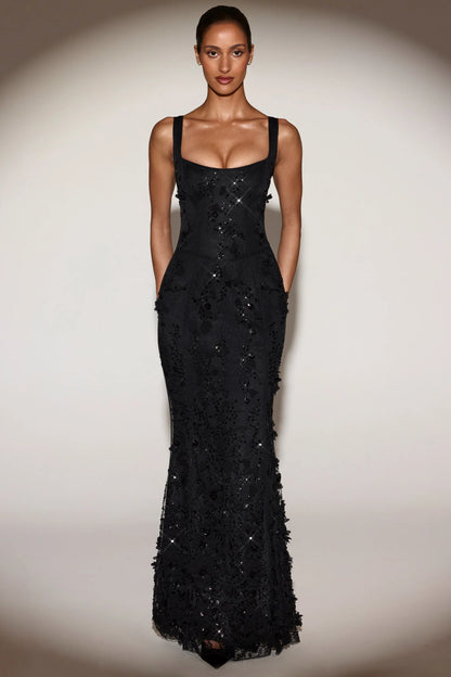 Embellished Appliqué Soft-Scoop Corset Gown in Black