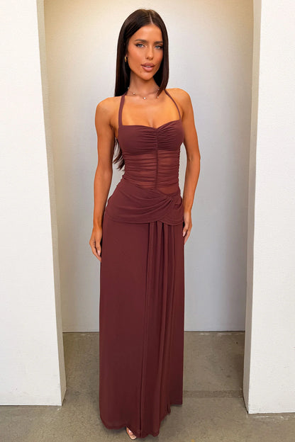 Gabrielle Haleterneck Mesh Maxi Dress - Brown
