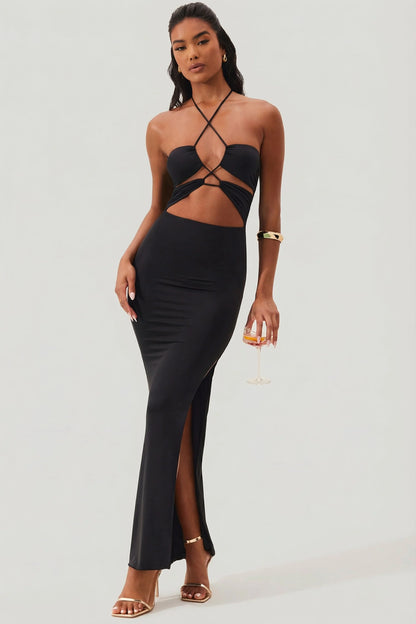 Cut Out Halter Neck Floor Length Maxi Dress in Black