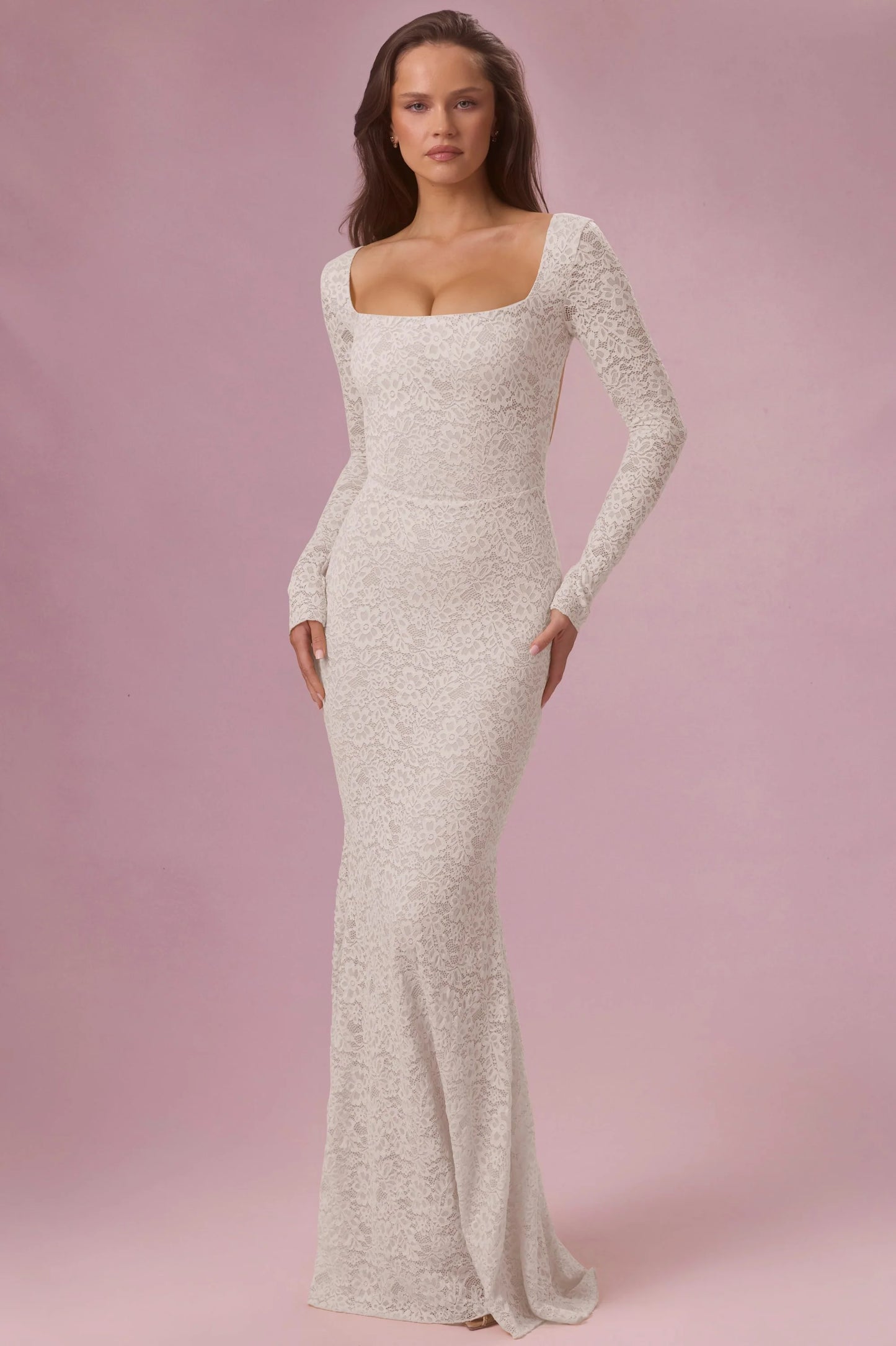 Lace Long-Sleeve Maxi Dress in Pearl