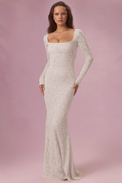 Lace Long-Sleeve Maxi Dress in Pearl