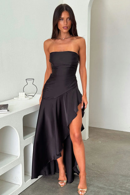 Carly Strapless Satin Maxi Dress - Black
