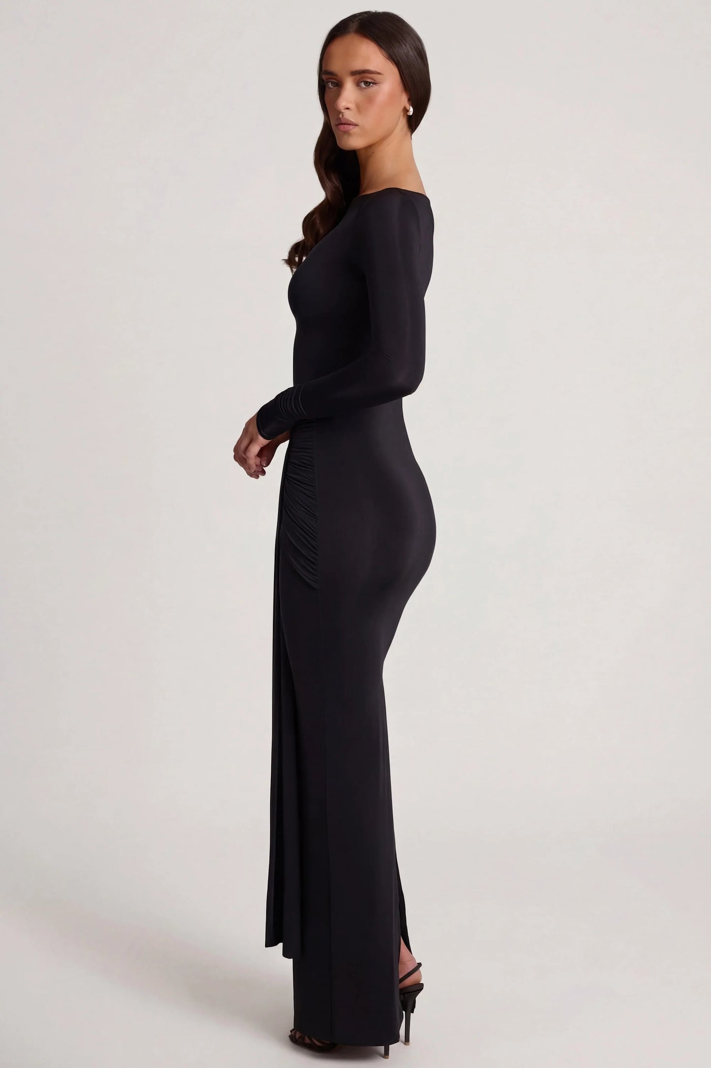 Soft Jersey Boat-Neck Tie-Gather Maxi Dress in Black