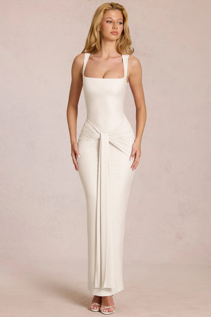 Square-Neck Tie-Gather Maxi Dress in Pearl