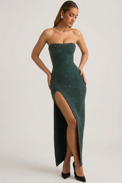 Embellished Strapless Cowl-Neck Maxi Dress in Emerald Green