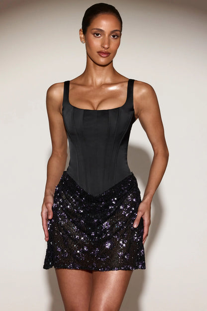 Satin Corset Embellished Skirt Mini Dress in Black Purple