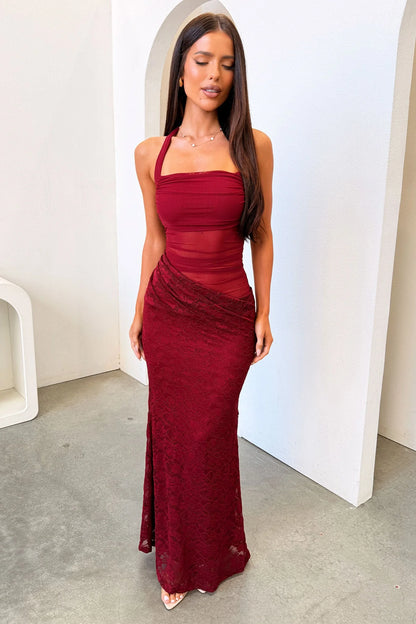 Liora Lace Halter Neck Maxi Dress - Burgundy