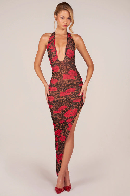 Halterneck Split Hem Midaxi Dress in Rose Leopard Print