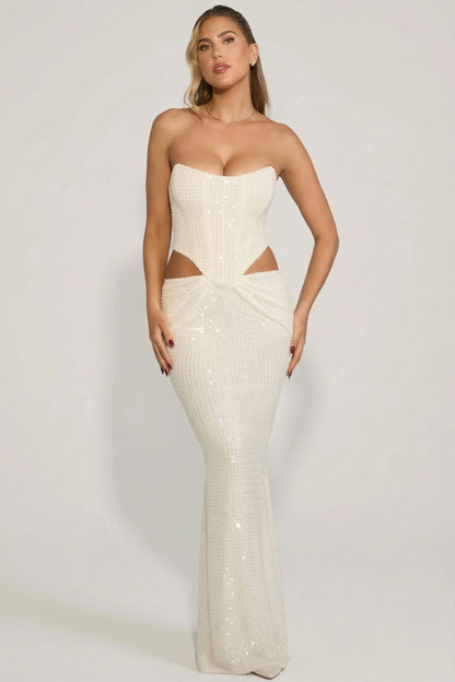 Embellished Cut-Out Draped Corset Gown in White