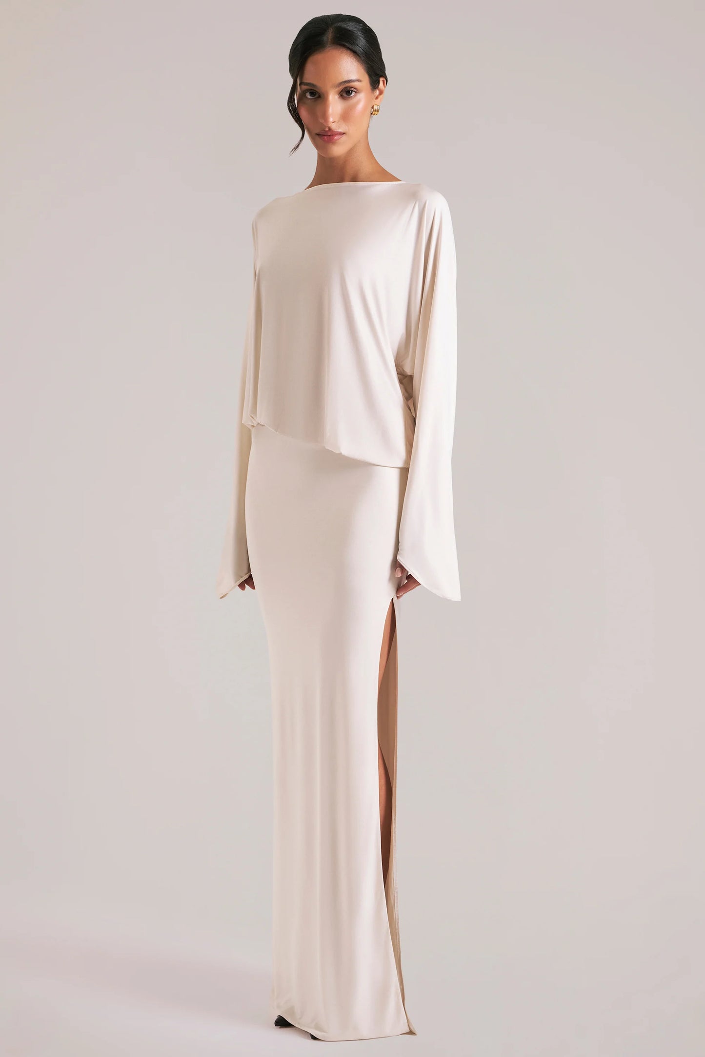 Long-Sleeve Draped Maxi Dress in Vanilla