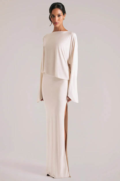 Long-Sleeve Draped Maxi Dress in Vanilla