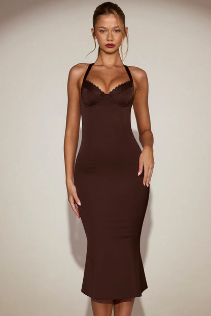 Satin Sweetheart Bustier Fishtail Midaxi Dress in Chocolate Brown