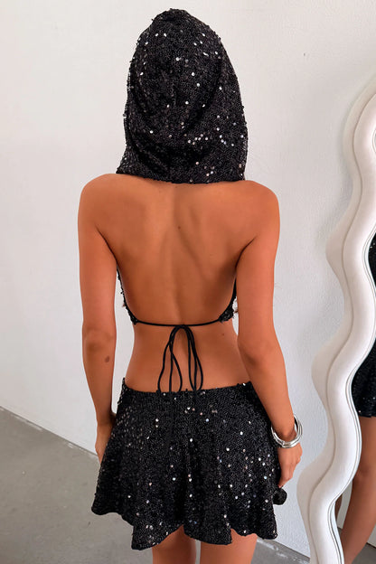Desert Sequin Hoodie Crop - Black