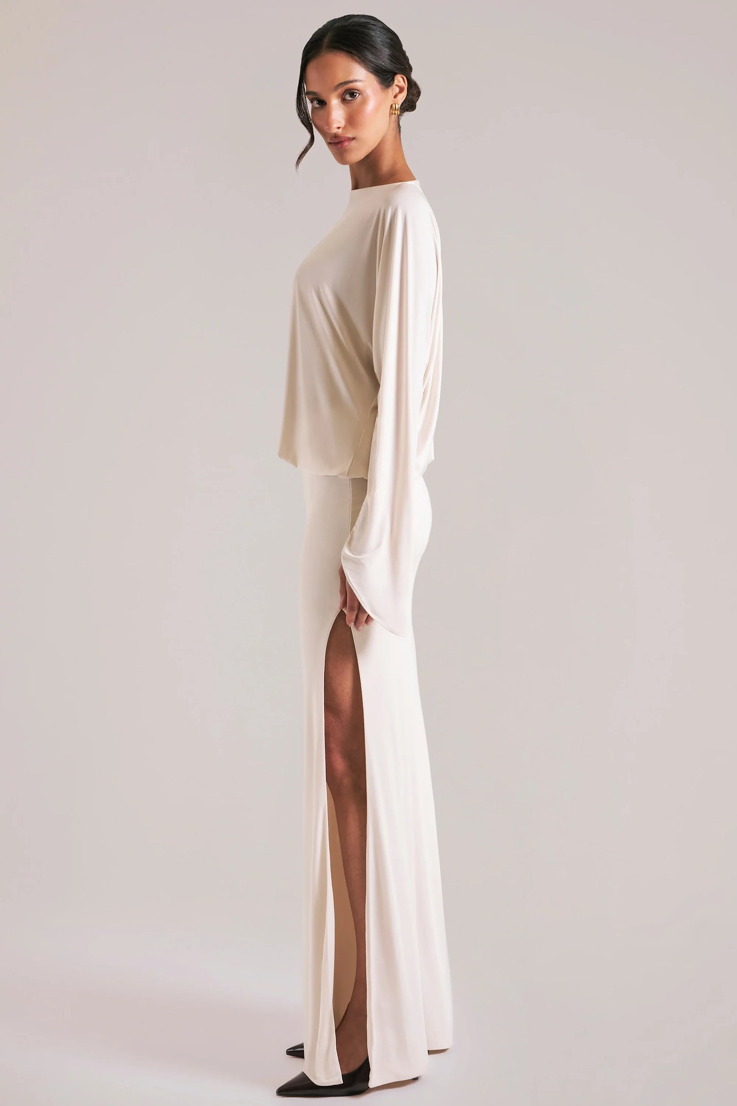 Long-Sleeve Draped Maxi Dress in Vanilla