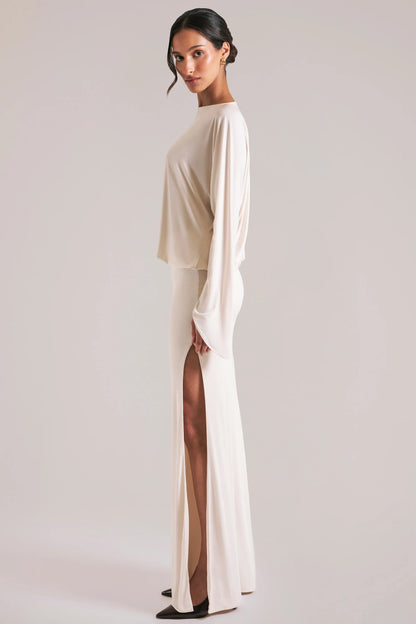 Long-Sleeve Draped Maxi Dress in Vanilla